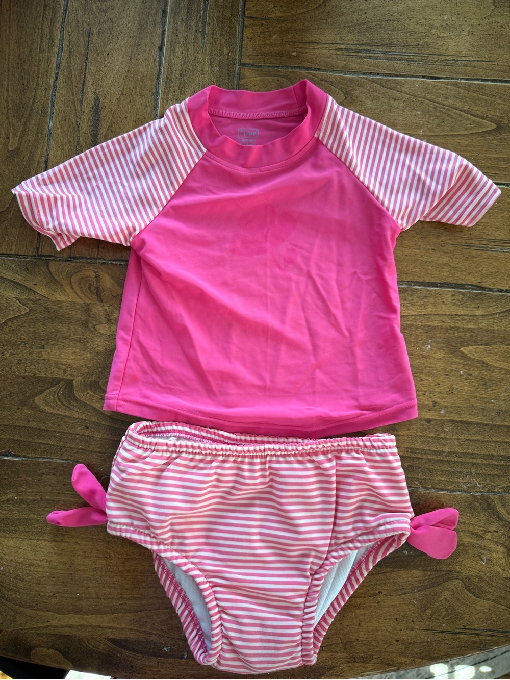 i play. Pink Short Sleeve Rashguard Top with Striped Pink & White Bottoms